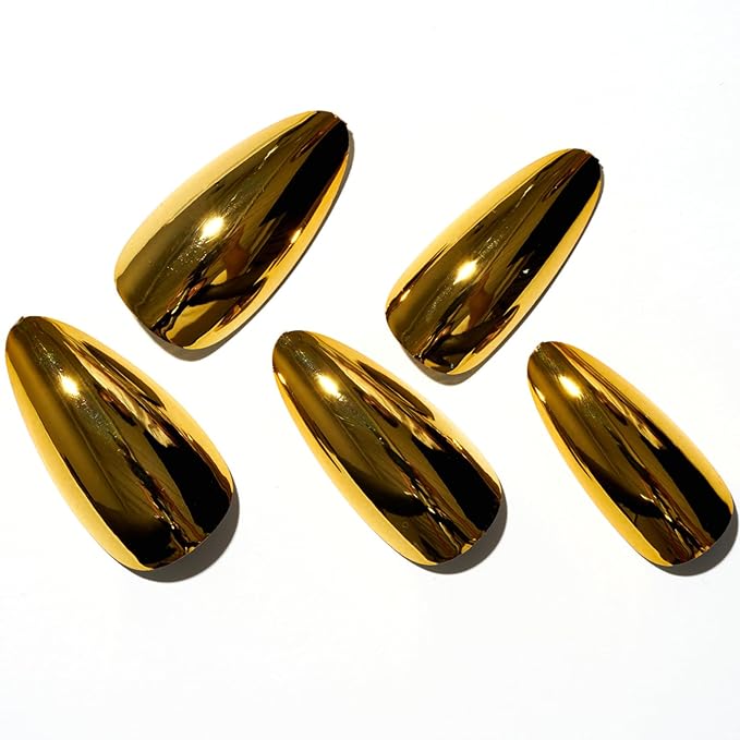 GLAMERMAID Press on Nails Medium Almond, Spring Summer Golden Chrome Gel Glue on Nail, Glossy Short Stiletto Reusable UV Finish Fake Nails Acrylic False Nails Manicure Kits for Women