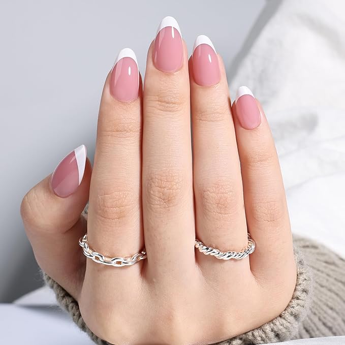Leefrei French Tip Press on Nails - Pink Short Almond Press on Nails, Glossy Fake Nails Reusable Nails Press ons for Women, 32 Pieces in 16 Sizes False Nails Kit with Glue, Petal Milk