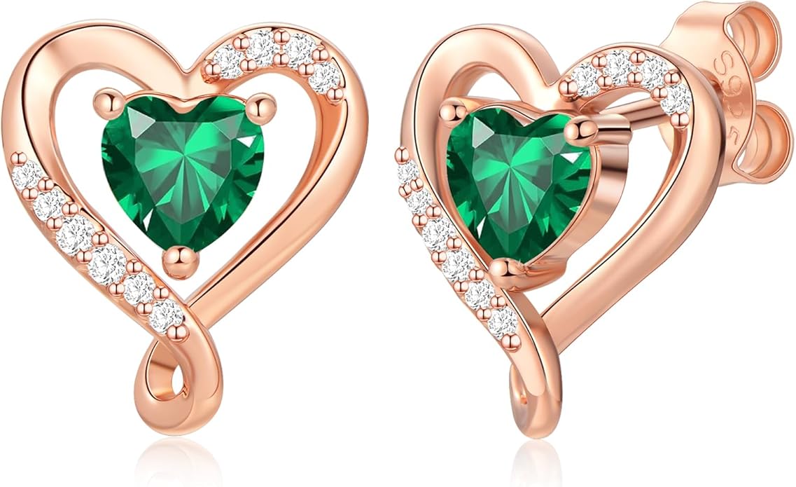 Zifeel Earrings for Women, S925 Sterling Silver Rose Gold Birthstone Heart Studs Earring for Girlfriend Wife, Anniversary Birthday Christmas Valentines Mothers Day Gifts Jewelry for Women Wife Her Mom