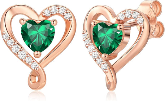 Zifeel Earrings for Women, S925 Sterling Silver Rose Gold Birthstone Heart Studs Earring for Girlfriend Wife, Anniversary Birthday Christmas Valentines Mothers Day Gifts Jewelry for Women Wife Her Mom