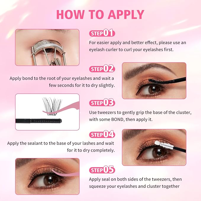 Gyinsoo 160Pcs DIY Lash Extension Kit D Curl 5-18mm Mix "Little Rebel" Style with Pink Bond and Seal, Remover & Tweezers - Short to Long Clusters for Inner Corner & Bottom Lashes