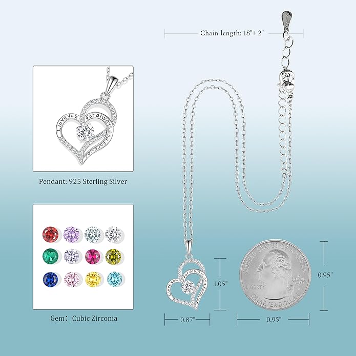 LynChoe Birthday Gifts Double Heart Birthstone Necklace for Women, S925 Sterling Silver Pendant Necklace Jewelry for Her Mother Mom Wife Girlfriend