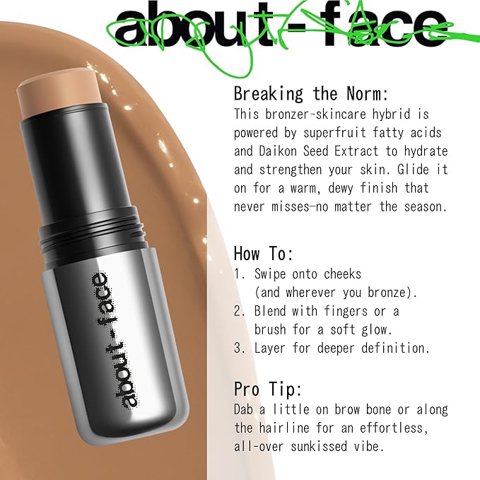 about-face Beach Freak Bronzer Stick Tan Lines– Ultra-Creamy, Vegan Bronzer & Contour Stick with Skincare Benefits – Dewy Finish – Hydrating Formula with Daikon Seed Extract – Fair