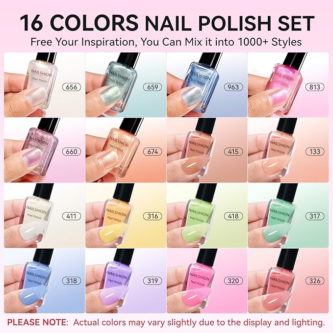 Nailshion Quick Air Dry Nail Polish, 16 Colors Holographic Nude Peach Pink Blue Green Regular Nail Polish with Clear Base Top Coat & Remover Pads, Hema-free, Non Gel, Gift for Women Girls
