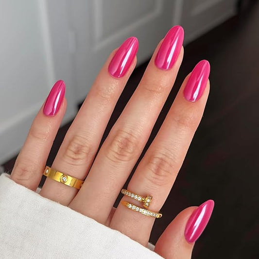 Modelones Hot Pink Press on Nails Almond, Valentine's Day Short Almond Fake Nails, Reusable Nail Kit with Nail Glue Adhesive Tabs Mini Nail File, Nails Press Ons 32Pcs 16Sizes