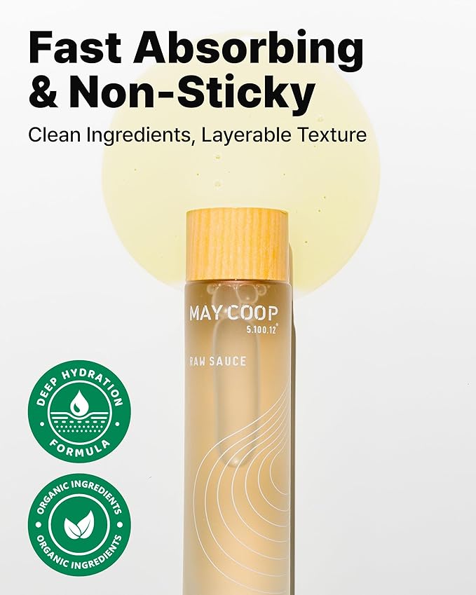 May Coop Raw Sauce Moisture Essence Toner | Korean Hydrating Face Toner for Dry & Sensitive Skin | Rice Water, Centella Asiatica & Birch Bark | Fast-Absorbing Skincare Formula, 5.07 fl oz