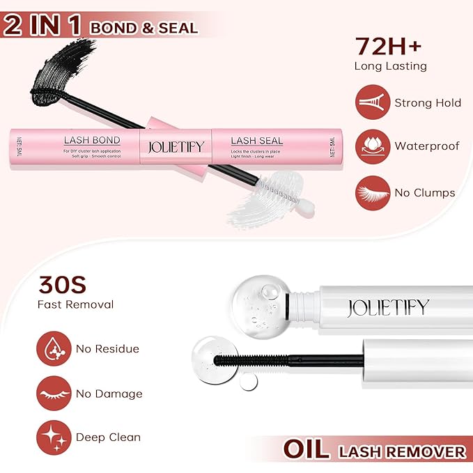 JOLIETIFY Lash Extension Kit, Medium Dense, DIY Faux Mink Cluster Lashes 8-16mm, Waterproof Bond & Seal, Reusable Individual Lashes, Eyelash Tweezers & Remover, Easy to Apply for Beginners
