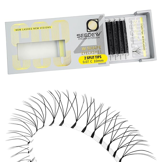 SEEDEW 4D-Double Tips Lash Extensions, 0.07mm C Curl 10mm 12 Rows/Tray, W Shape 4DD Flat Stem, PBT Volume False Eyelashes for Beginner Artist, Lash Tech, Beauty Salon(4DD-Matte Black-0.07-C-10mm)