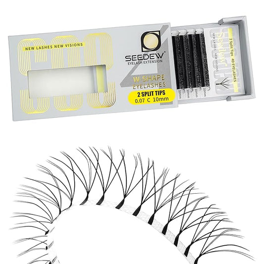 SEEDEW 4D-Double Tips Lash Extensions, 0.07mm C Curl 10mm 12 Rows/Tray, W Shape 4DD Flat Stem, PBT Volume False Eyelashes for Beginner Artist, Lash Tech, Beauty Salon(4DD-Matte Black-0.07-C-10mm)