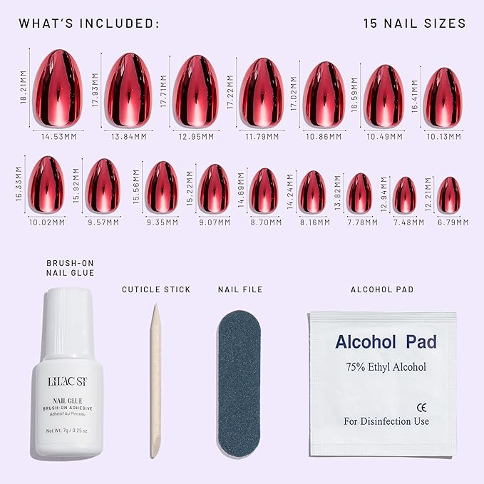 Lilac St - Press on Nails, Cherry Plated (30 Nails, 15 Sizes) - Short, Almond, Chrome + Glossy, Opaque - Brush-On Nail Glue, Nail File, Cuticle Stick, Prep Pad - Reusable - Cruelty Free, Vegan