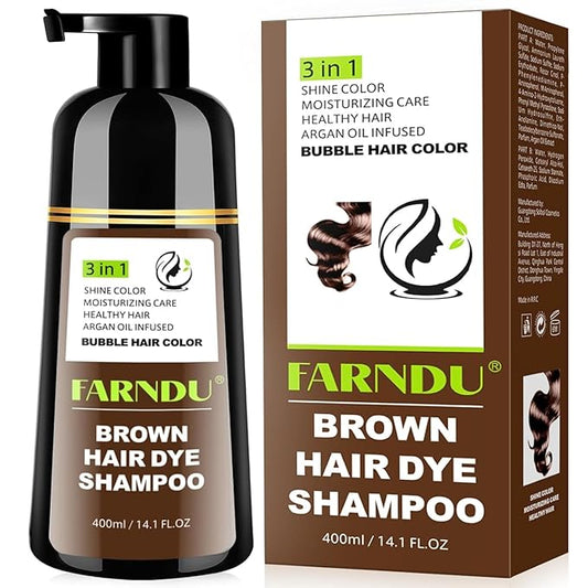 Farndu Brown Hair Dye Shampoo, 3 in 1 Instant Hair Color with 15 Min Gray Coverage, Natural Semi-Permanent Herbal Shampoo for Men & Women