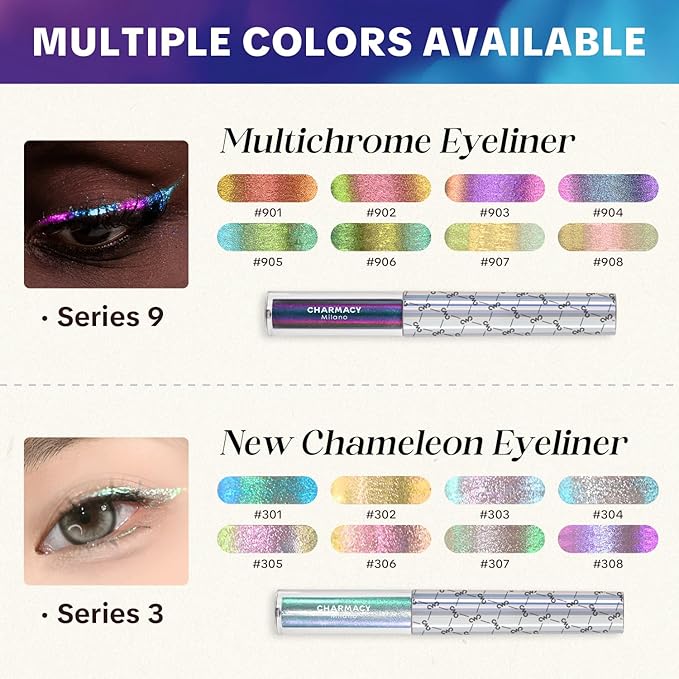 CHARMACY Chameleon Liquid Eyeliner, Intense Color Shifting, Waterproof Eye liner Gold Glitter Eyeliner, High Pigmented, Smudge Proof Formula,Ultra-Fine Tip,PALE YELLOW GOLD 907