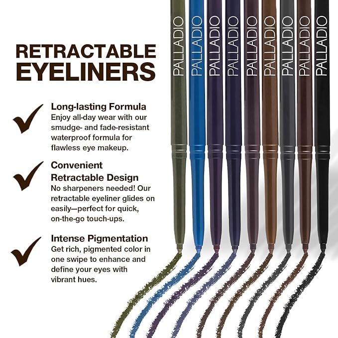 Palladio Retractable Waterproof Eyeliner, Richly Pigmented Color and Creamy, Slip Twist Up Pencil Eye Liner, Smudge Proof Long Lasting Application, All Day Wear, No Sharpener Required, Olive