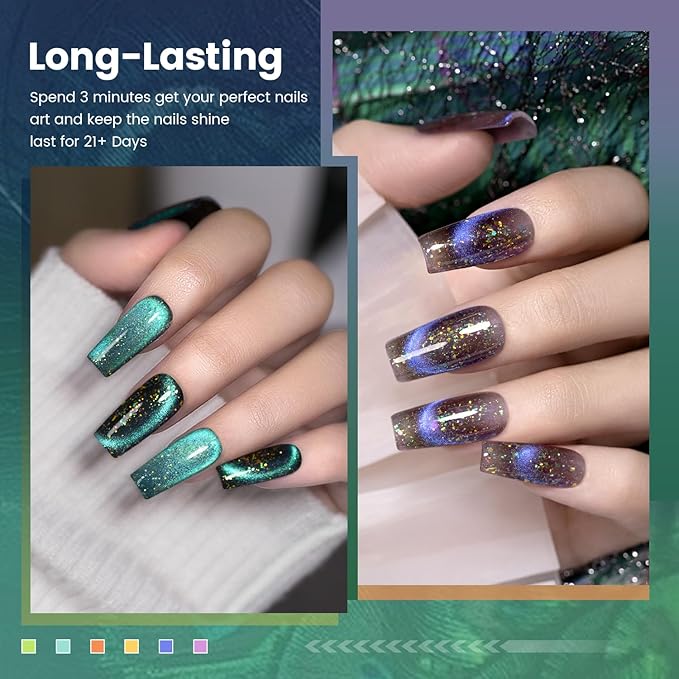 RARJSM Cat Eye Gel Nail Polish Set 6pcs 9D Rainbow Holographic Peacock Flakes Sparkle Cateye Glitter Green Blue Light Purple Orange Gel Polish with Magnetic Stick UV LED Curing Requires Soak Off