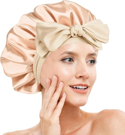 Silk Bonnet for Sleeping Women, Adjustable Soft Satin Lined Bonnet with Tie Band, Double Layer Sleep Night Cap