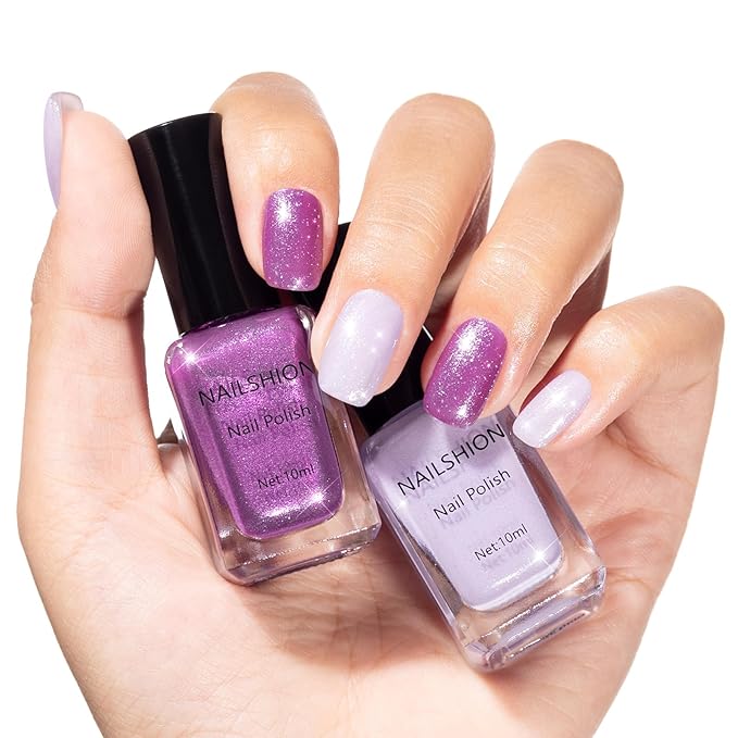 Nailshion Purple Sparkle Nail Polish, Mermaid Shimmer Shades Fingernail Polish Duo, Caster Oil Enriched, Non-Gel, Vegan, Opaque, Quick Dry Lilac Glitter DIY Nail Art Gift for Women Girls