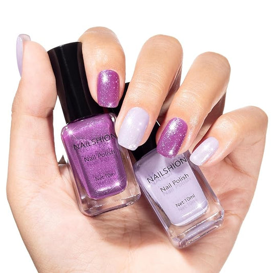 Nailshion Purple Sparkle Nail Polish, Mermaid Shimmer Shades Fingernail Polish Duo, Caster Oil Enriched, Non-Gel, Vegan, Opaque, Quick Dry Lilac Glitter DIY Nail Art Gift for Women Girls