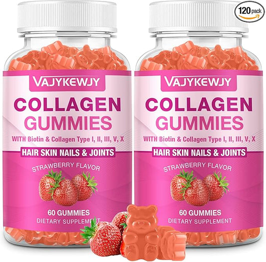 VAJYKEWJY 2-Pack Collagen Gummies for Women & Men - with Biotin, Vitamin C, & Zinc for Skin Radiance, Hair Growth, Strong Nails, & Joint Support, 120 Count
