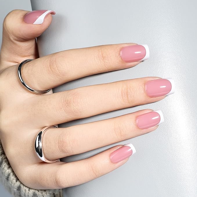 Leefrei French Tip Press On Nails - Short Square Blush Pink Press on Nails Glossy Nails Press Ons for Women DIY Fake Nails Kit, Reusable Glue on Nails Short in 16 Sizes - 32pcs, Blush Tip