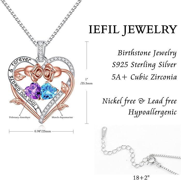 Iefil Valentines Gifts for Her Wife Women - Rose Heart Double Birthstone Necklace Gift for Wife Girlfriend Her Women, Birthstone Jewelry Gemstone Birthday Gifts for Mom Grandma Her