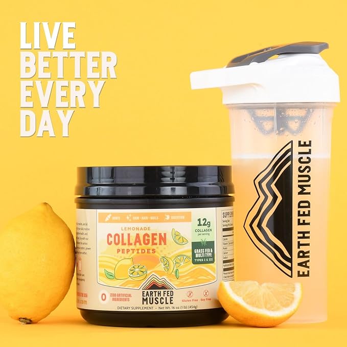 Earth Fed Muscle Lemonade Collagen Powder – Grass Fed Hydrolyzed Collagen for Women & Men - Healthy Bones, Skin & Hair - Types 1 & 3 Collagen Powder, 12g Per Serving, 33 Servings