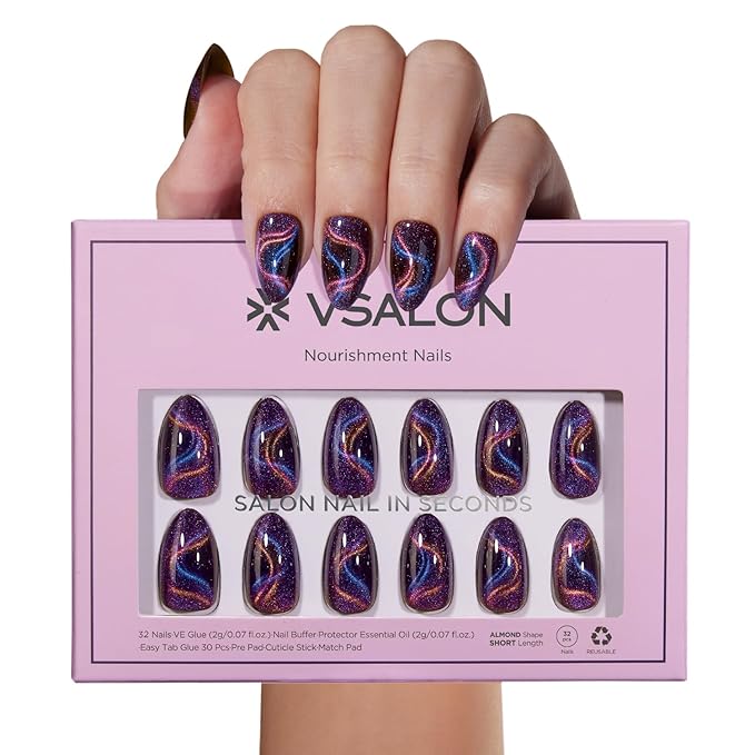 VSALON Press on Nails Short Almond - Dark Purpule Blue Cat Eye Sparkle Ribbon Design Winter Nails for Women, Reusable Opaque Gel Chrome Glue on Nails with Glue & Cuticle Oil - 32 PCS in 16 Sizes