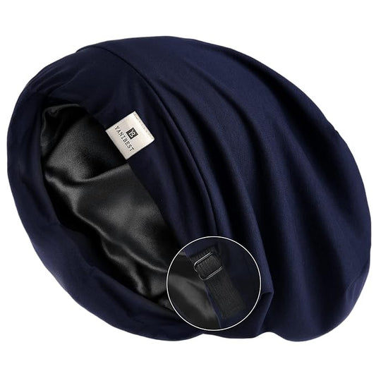 YANIBEST Silk Satin Bonnet Hair Wrap for Sleeping, Adjustable Slouchy Beanie for Women, Silk Lined for Curly Hair and Braids, Nave Blue