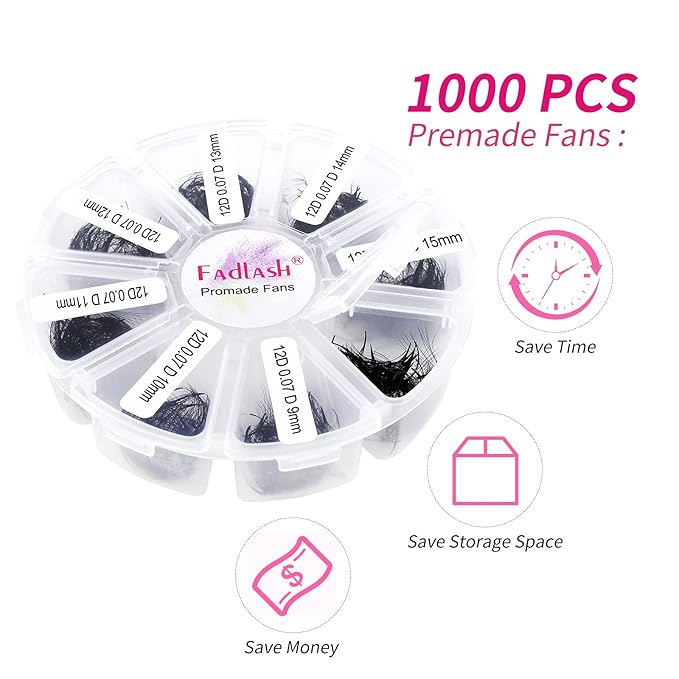 Lash Extension 1000pcs Mixed Premade Fans Eyelash Extensions D Curl Promades Eyelash Volume Lash Extensions Loose Fans Pre Made Volume Lashes Pointed Base (12D-0.07D, 9-16mm)