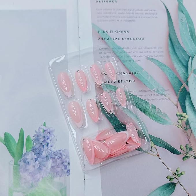 24Pcs Short Almond Press-On Nails Medium Pink Floral French Tip Glossy&Elegant Full Cover Fake Nails for Women&Girls Spring,Daily Wear