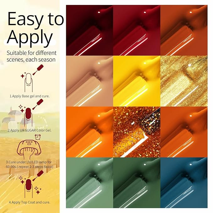 UR SUGAR Gel Nail Polish Set, 12 Colors Red Green Glitter Burnt Orange Yellow Burgundy Color All Season Soak Off Gel Polish Collection Home Nail Salon Gift Box for Women