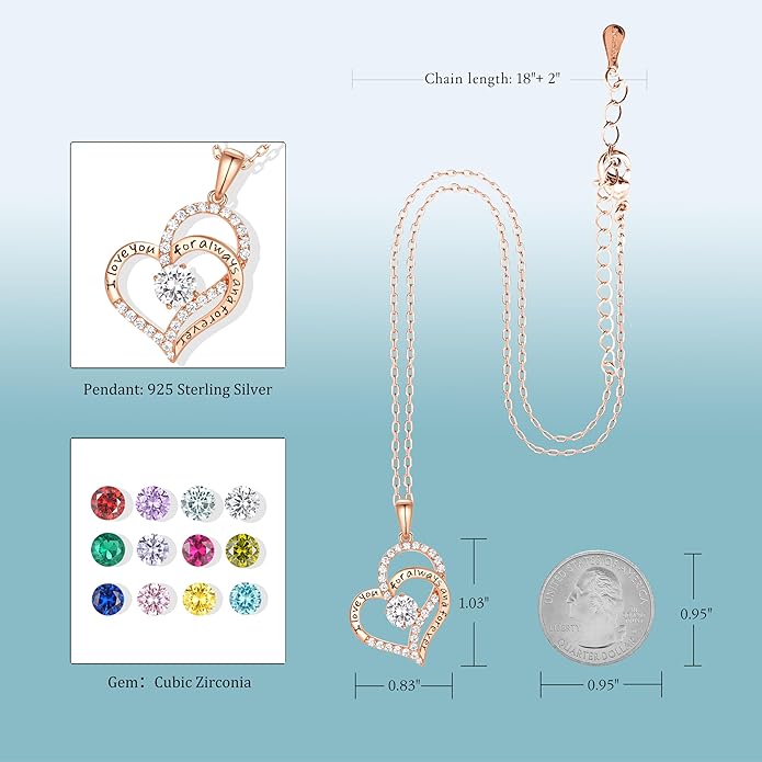 LynChoe Birthday Gifts Double Heart Birthstone Necklace for Women, S925 Sterling Silver Pendant Necklace Jewelry for Her Mother Mom Wife Girlfriend