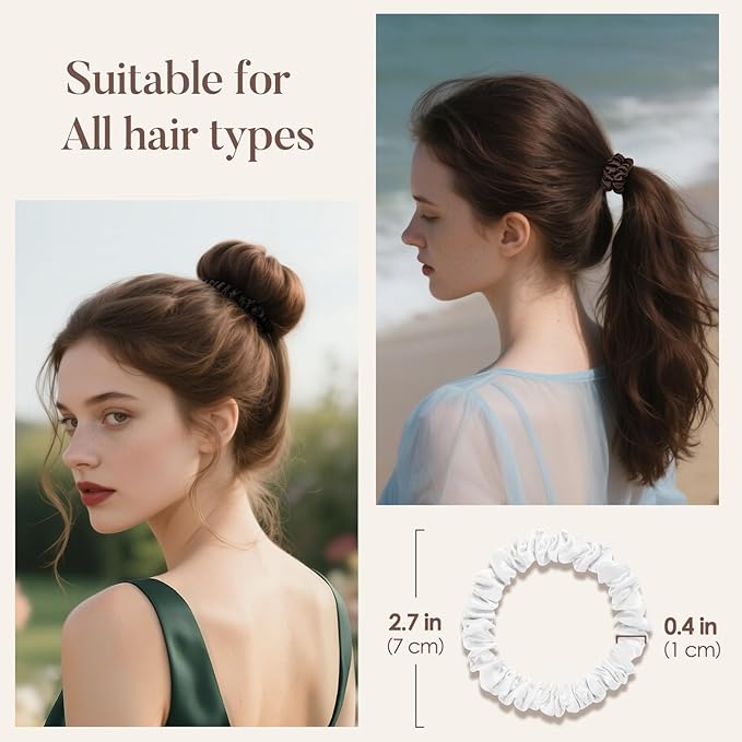 LULUSILK Small Silk Hair Ties No Damage, 100% Real Mulberry Silk, Skinny Scrunchies Ponytail Holders for Thin Fine Hair, Black White and Brown, Pack of 3