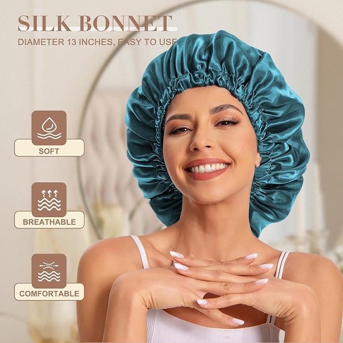 Satin Bonnet Silk Bonnet Hair Bonnet for Sleeping-Slouchy Beanie Hat Satin Sleep Cap for Women's Natural & Curly Hair(Blue Zircon&Dark Pink)