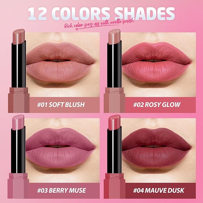 Jolilab 2Pcs Velvet Matte Lipstick Nude Matte Soft Dark Color Stick High Pigmented Long-Lasting Waterproof Lip Stick Lip Balm Beauty Cosmetics Gift for Women(#03+04)
