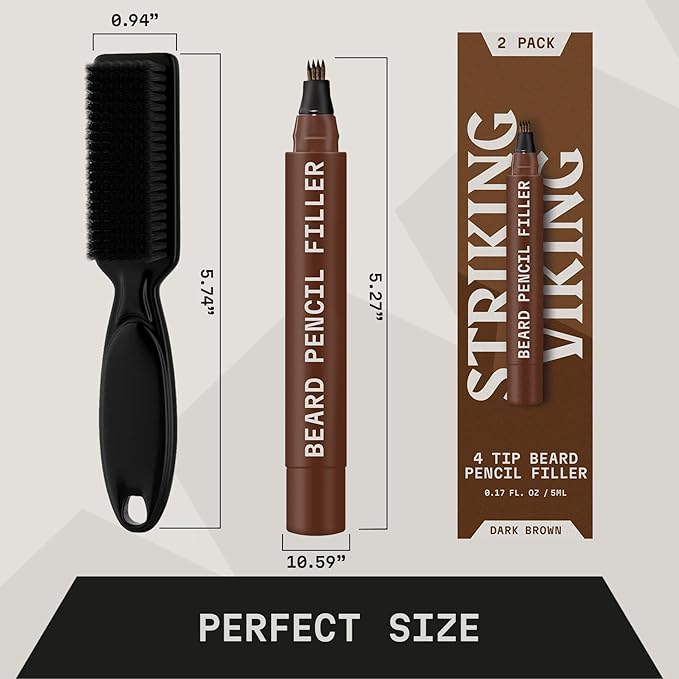 Striking Viking Beard Pencil Filler Pen - Pack of 2, Dark Brown, Travel Size - Beard Filler for Men - Micro-Fork Tip Mustache Pen - Sharp Hairline Edges with Hairline Pencil