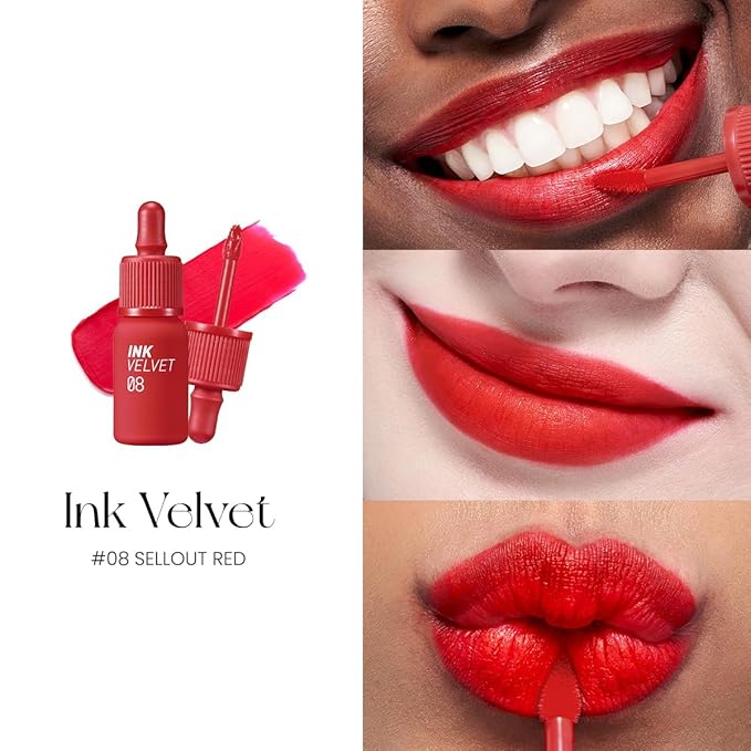 Peripera Ink the Velvet Lip Tint - High Pigment Color, Longwear, Weightless, Gluten-Free, Paraben-Free (008 SELLOUT RED)