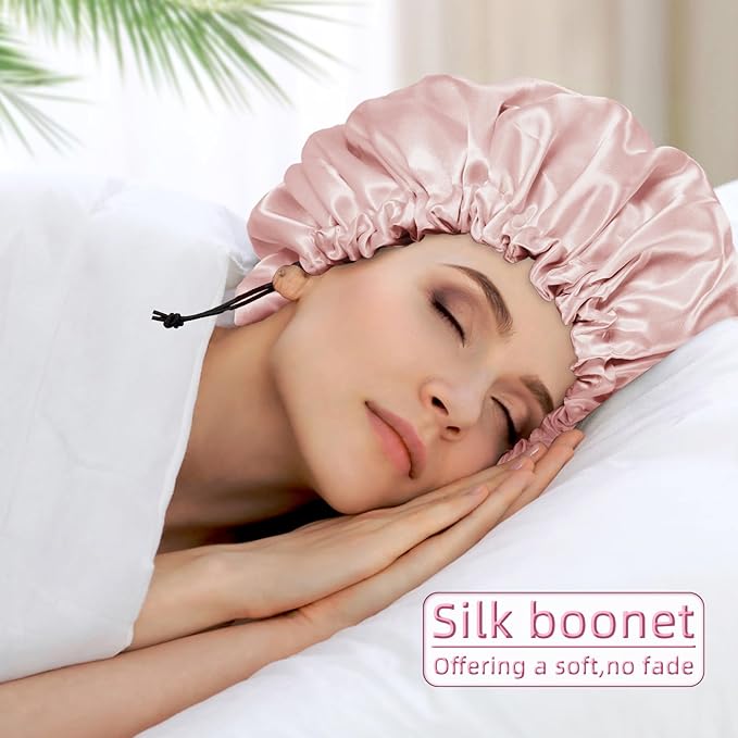 Satin Silk Bonnet for Curly Hair Bonnet Braid Bonnet for Sleeping Bonnets for Women Large Double-Layer Adjustable(Blush Pink)