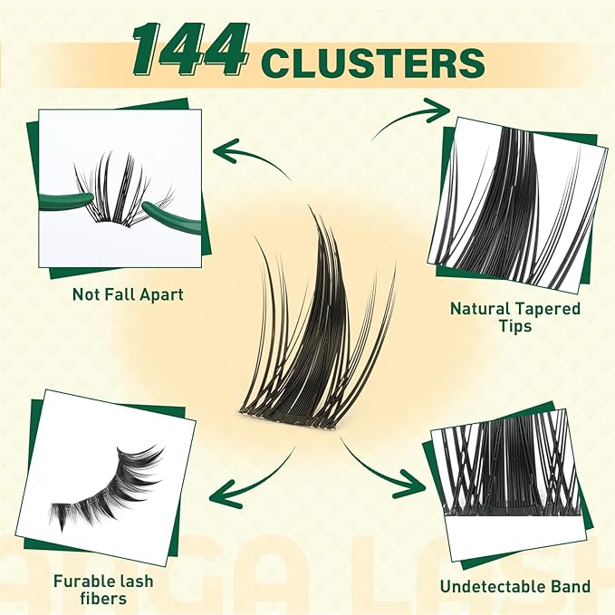 KEYYOU LASH Manga Lash Clusters 144pcs D Curl 8-18mm Fairy Eyelash Clusters Natural DIY Lash Extension Thick Wispy with Soft Thin Band(Faye)