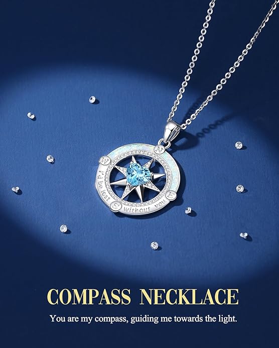 FANCIME Compass Necklace for Women Sterling Silver Compass Jewelry Opal Pendant Fine Jewelry Gemstone Birthday Christmas Gifts for Wife