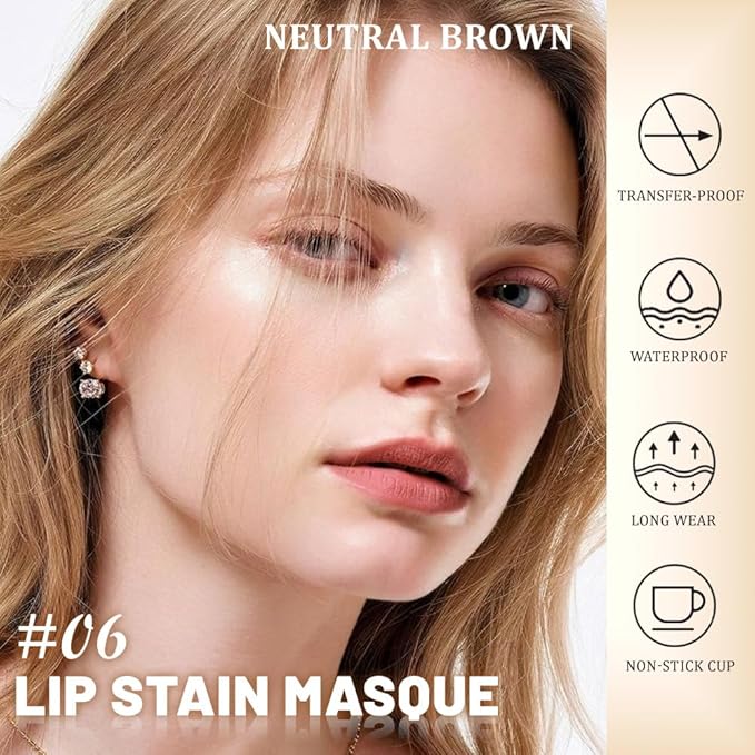 evpct Nude Brown Peel Off Lip Stain Tints with Tweezer, Matte Lipstick Lip Stain Gloss Long Lasting Waterproof for Women, Non-stick Cup Lipstick Peel Off High Pigmented 24 Hrs Original Lips Stains, 06