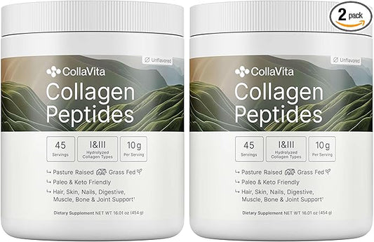 Colla Vita Collagen Peptides Powder Grass-Fed Pasture-Raised Hydrolyzed Collagen Powder, Type I & III Hair, Nails, Skin and Joints, Non-GMO, Paleo & Keto, Unflavored, 16 Fl oz. 2 Pack, 45 Servings