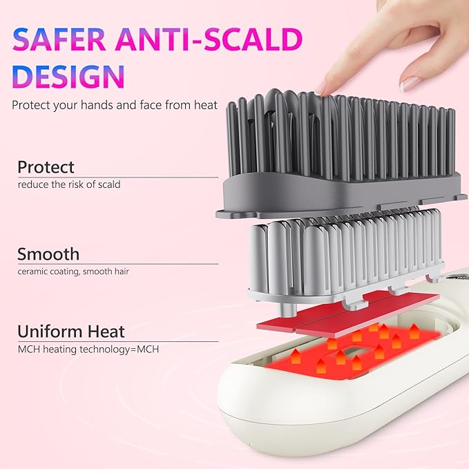 STUDLLY LCD Screen Cordless Hair Straightener Curler 2 in 1, Portable Mini Hair Straightening Brush for Travel Negative Ionic Fast Heating Hot Comb for Women, Folding Brush with Mirror, White