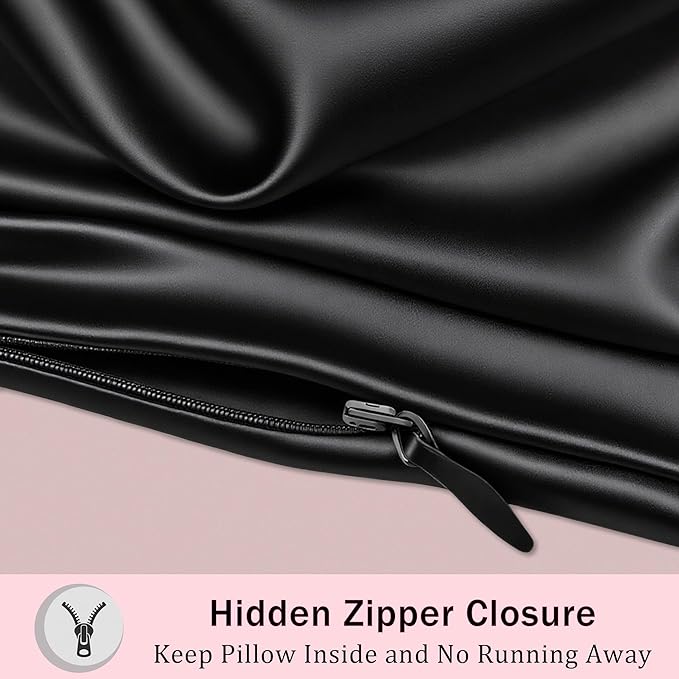 Mulberry Silk Pillow Cases with Zipper, Ultra Smooth Soft Breathable Cooling Pillow Cases for Hot Sleepers, Silk Satin Pillowcase for Hair and Skin, Gifts for Women (Black, Queen Size, 1 Pack)
