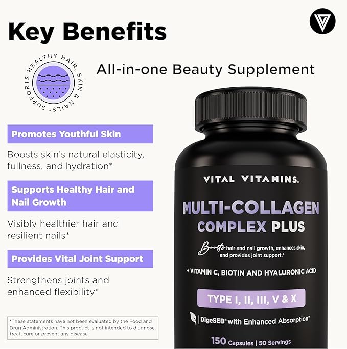 Vital Vitamins Multi Collagen Plus (2-Pack) - with Biotin, Hyaluronic Acid, Vitamin C - Type I, II, III, V, X - for Women & Men - Hair, Skin, Nails Beauty Complex