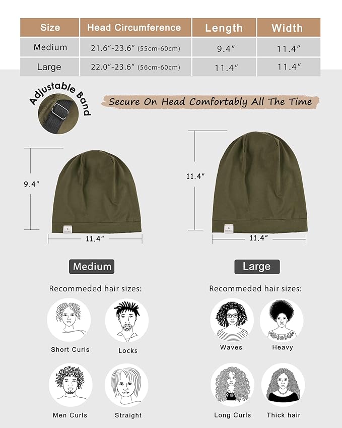 YANIBEST Silk Satin Bonnet Hair Wrap for Sleeping, Adjustable Slouchy Beanie for Women, Silk Lined for Curly Hair and Braids, Olive Green