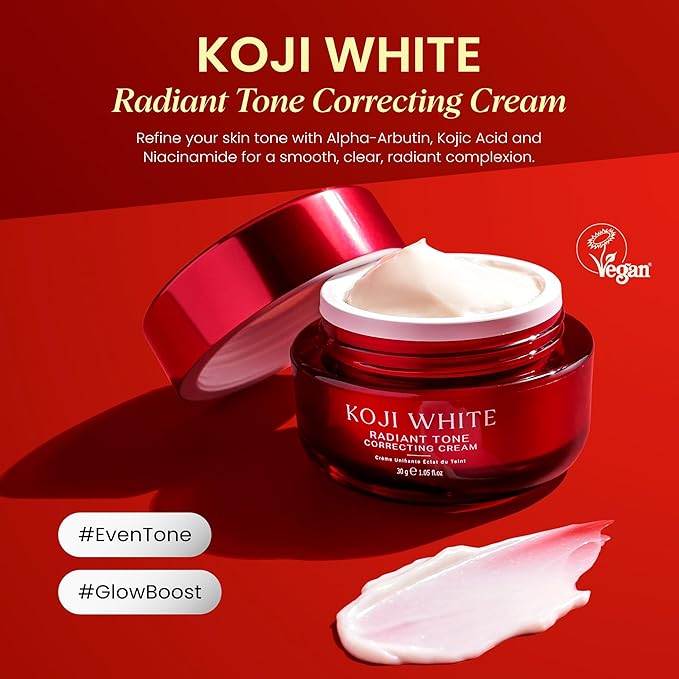Koji White 1% Kojic Acid Cream | Face Moisturizer Radiant Tone Correcting Cream with 1% Alpha-Arbutin, 3% Niacinamide & Hyaluronic Acid for All Skin Types, Unscented, Vegan Skincare, 1.05 FL Oz