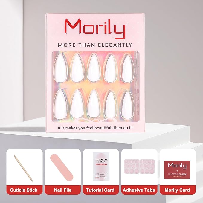 morily 24Pcs Pure White Fake Nails Medium Length Press on Nails Stiletto Almond False Nails Tips Long Acrylic Glossy Stick on Nails Solid Color Full Cover Finger Manicure for Women (White)