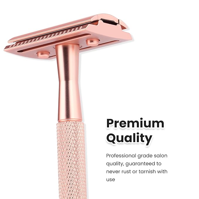 Keropy Double Edge Safety Razor For Woman With Stand and 10 Premium Stainless Steel Reusable Safety Razor, Razors For Shaving, Rose Gold
