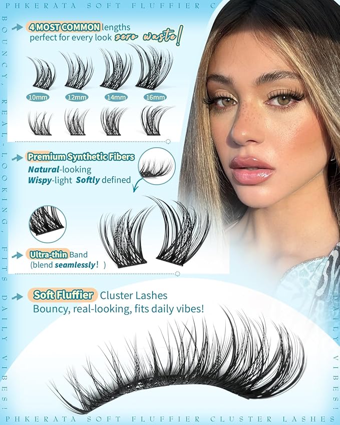PHKERATA Wispy Lash Clusters Naural Eyelash Clusters Extensions C Curly Individual Lashes Clusters DIY Eyelash Extension with Wide Soft Thin Band,10-16MM,180Pcs