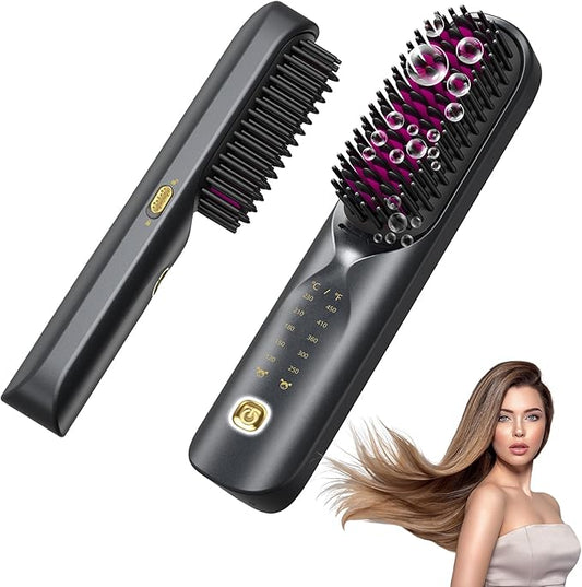 Cordless Hair Straightener Brush - Portable Hair Straightening Brush for Travel - 300M Negative Ions for Frizz-Free Shine, Touch Up On-The-Go, Fast Heating, Gift for Women, 10,000mAh, Charcoal Black